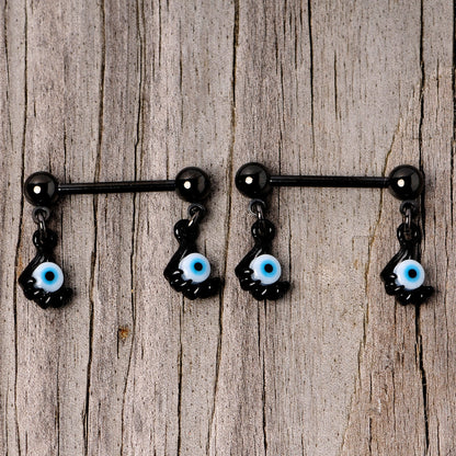 14 Gauge 5/8 Black Blue Eyeball Hand Halloween Dangle Nipple Ring Set