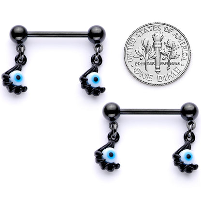 14 Gauge 5/8 Black Blue Eyeball Hand Halloween Dangle Nipple Ring Set