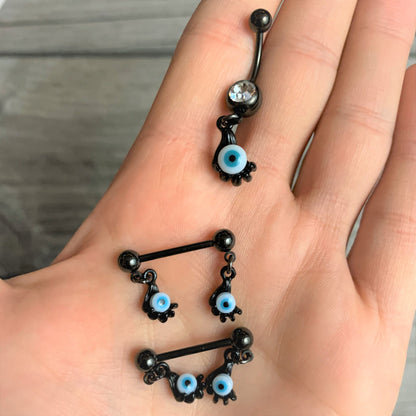 14 Gauge 5/8 Black Blue Eyeball Hand Halloween Dangle Nipple Ring Set