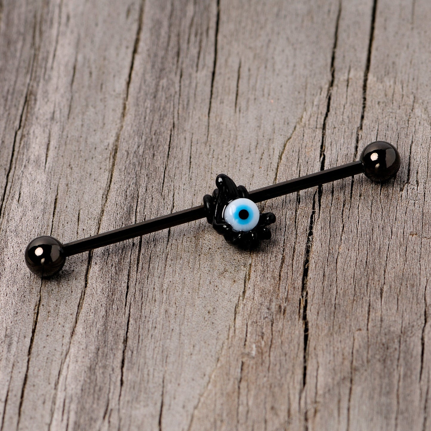 14 Gauge Black Blue Eyeball Hand Halloween Industrial Barbell 38mm