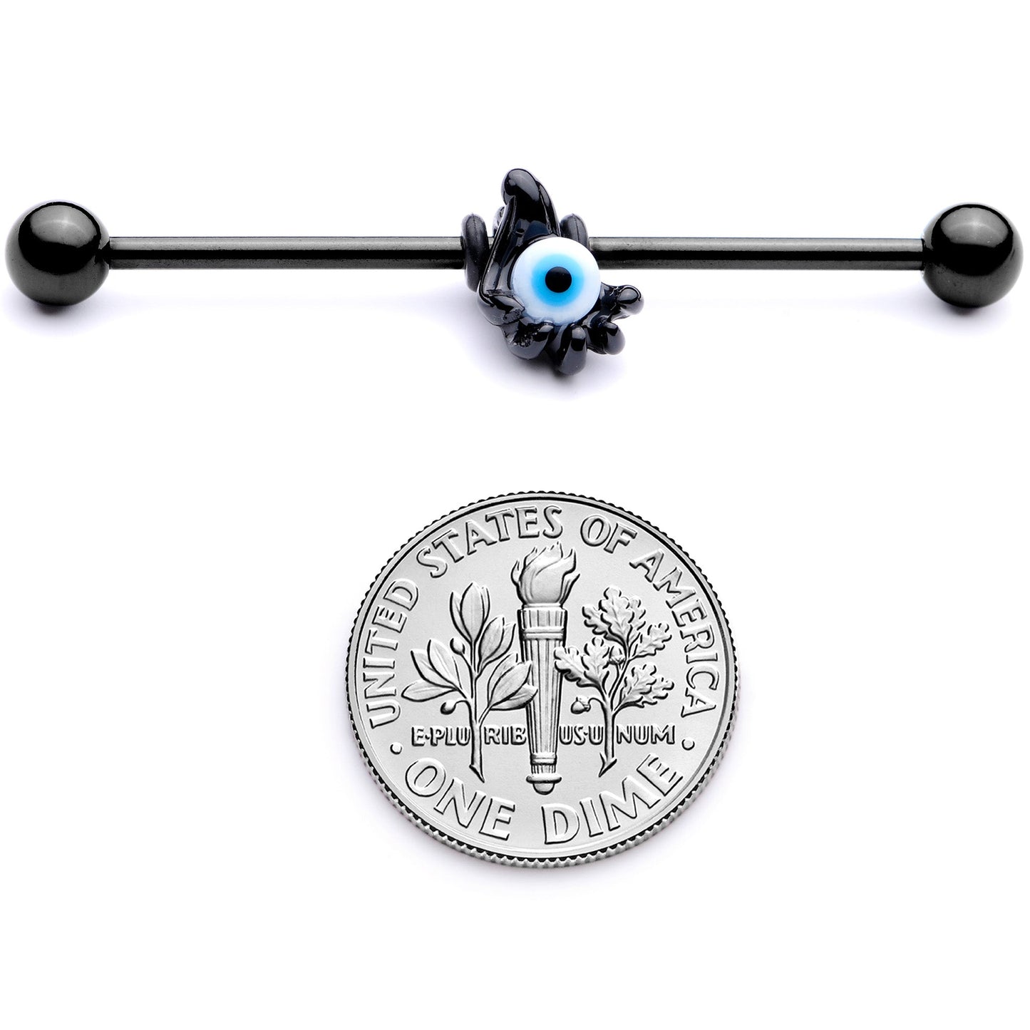 14 Gauge Black Blue Eyeball Hand Halloween Industrial Barbell 38mm