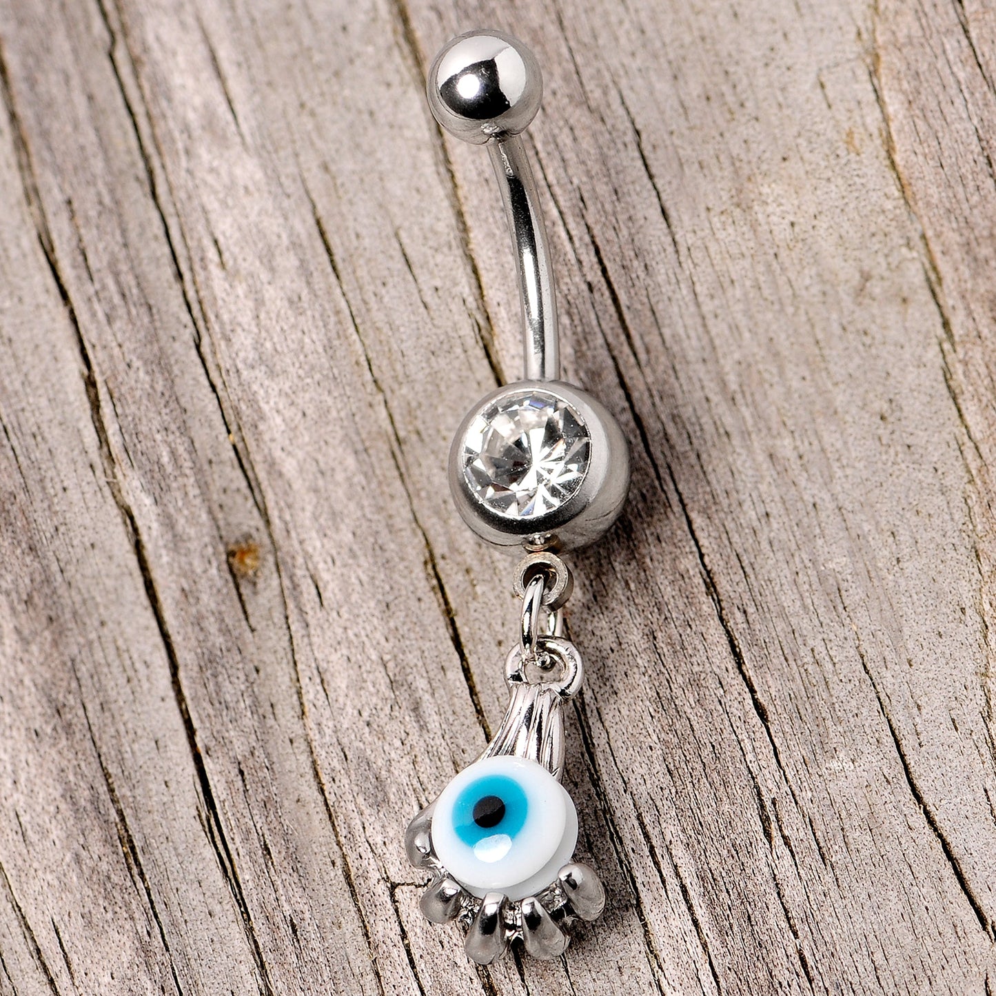 Clear Gem Blue Eyeball Hand Halloween Dangle Belly Ring