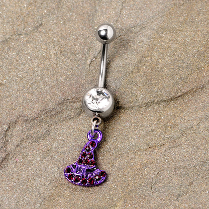Clear Black Gem Purple Witch Hat Halloween Dangle Belly Ring