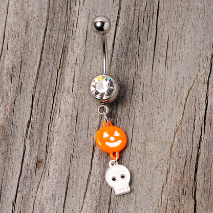 Clear Gem Orange Pumpkin Skull Halloween Dangle Belly Ring