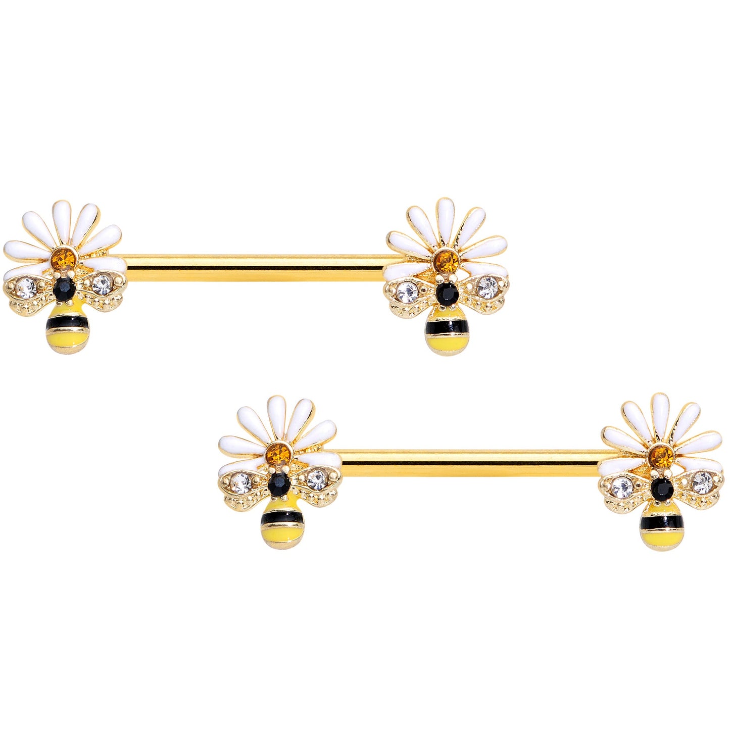 14 Gauge 9/16 Clear Gem Gold Tone Flower Bee Barbell Nipple Ring Set