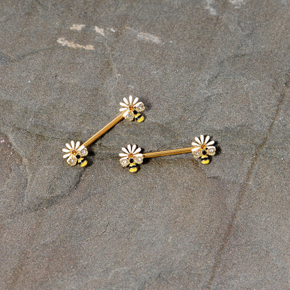 14 Gauge 9/16 Clear Gem Gold Tone Flower Bee Barbell Nipple Ring Set