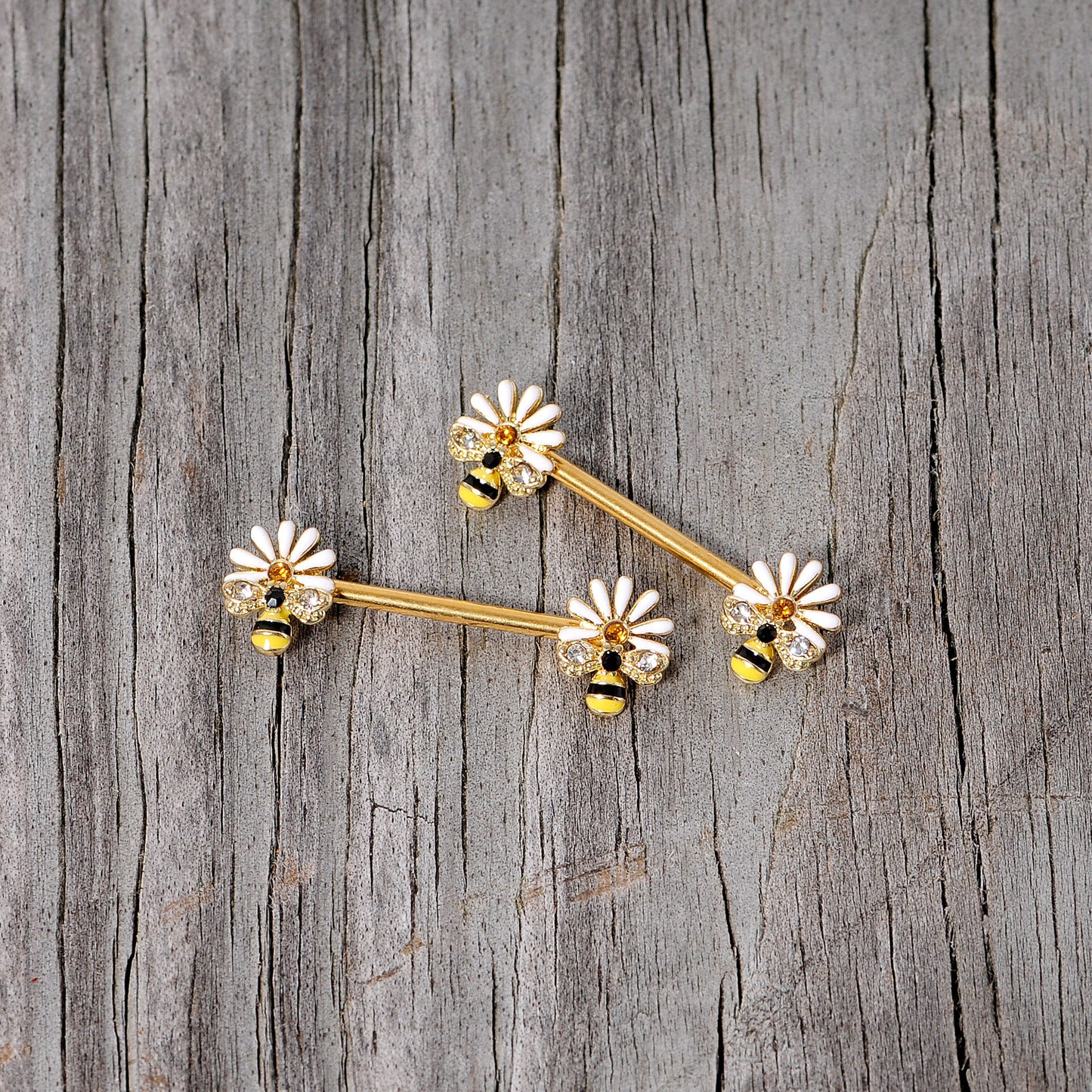 14 Gauge 9/16 Clear Gem Gold Tone Flower Bee Barbell Nipple Ring Set