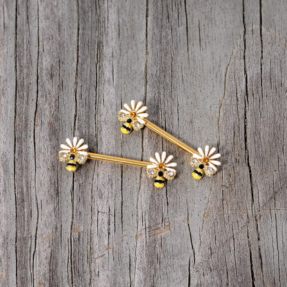 14 Gauge 9/16 Clear Gem Gold Tone Flower Bee Barbell Nipple Ring Set