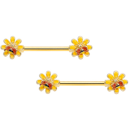 14 Gauge 9/16 Yellow Red Gold Tone Bee Flower Barbell Nipple Ring Set