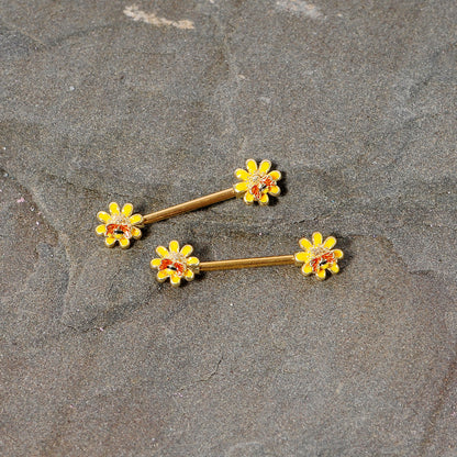 14 Gauge 9/16 Yellow Red Gold Tone Bee Flower Barbell Nipple Ring Set