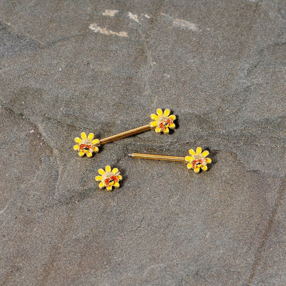 14 Gauge 9/16 Yellow Red Gold Tone Bee Flower Barbell Nipple Ring Set