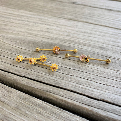 14 Gauge Gold Tone Red Yellow Butterfly Flower Industrial Barbell 38mm