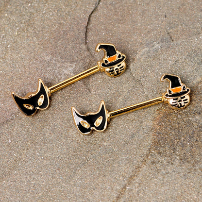 14 Gauge 9/16 Gold Tone Witch Cat Halloween Barbell Nipple Ring Set