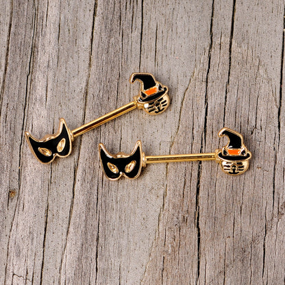 14 Gauge 9/16 Gold Tone Witch Cat Halloween Barbell Nipple Ring Set