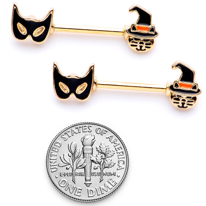 14 Gauge 9/16 Gold Tone Witch Cat Halloween Barbell Nipple Ring Set