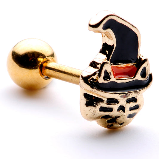 16 Gauge 1/4 Black Gold Tone Witch Hat Cat Halloween Cartilage Tragus