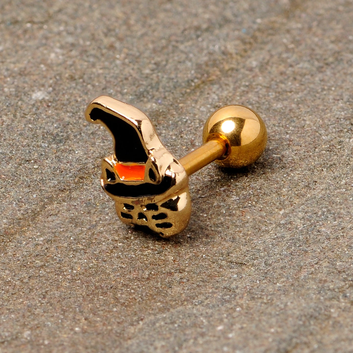 16 Gauge 1/4 Black Gold Tone Witch Hat Cat Halloween Cartilage Tragus