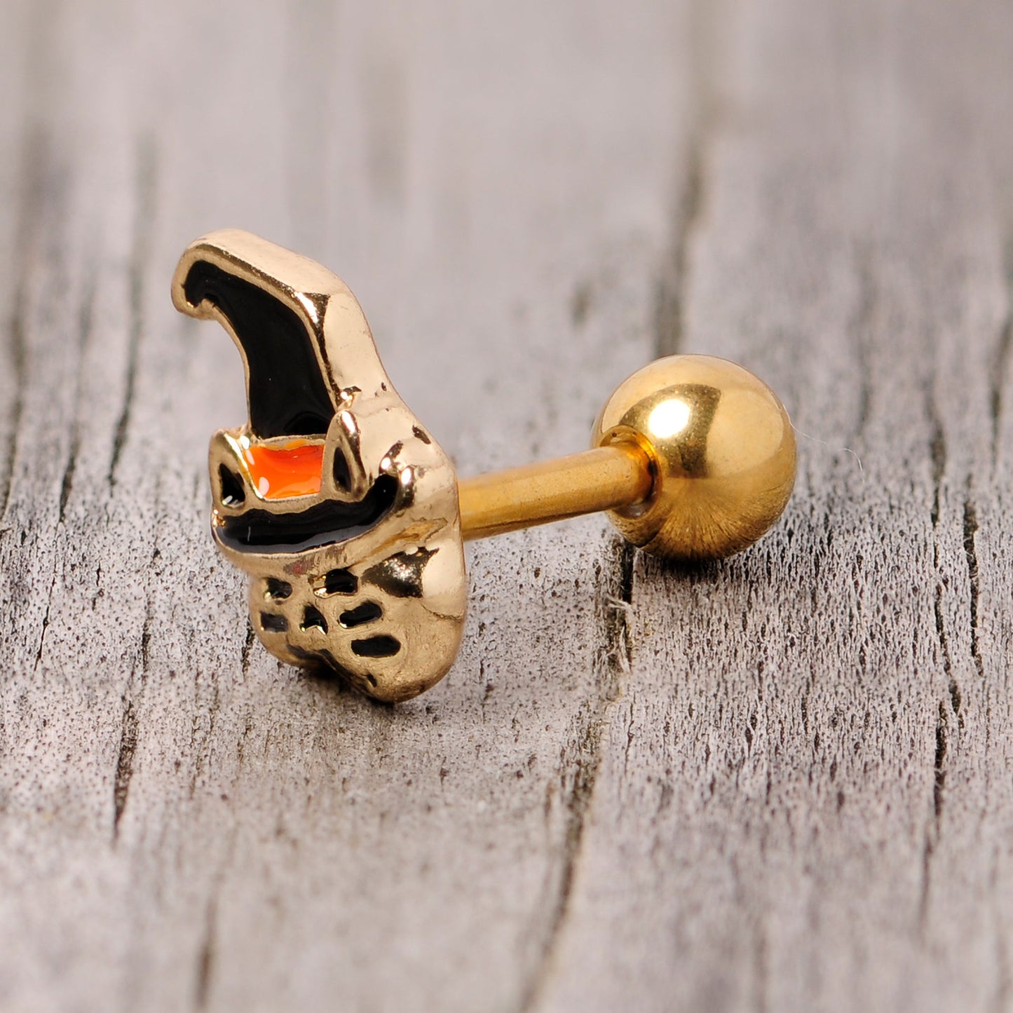 16 Gauge 1/4 Black Gold Tone Witch Hat Cat Halloween Cartilage Tragus