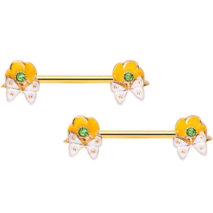 14 Gauge 9/16 Green Gem Gold Tone Butterfly Barbell Nipple Ring Set