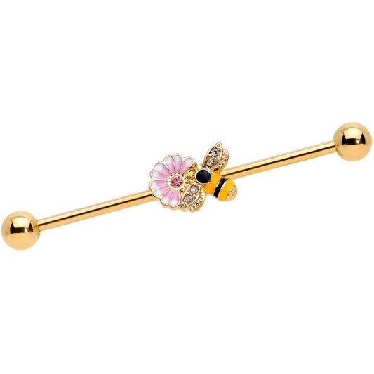 14 Gauge Pink Clear Gem Gold Tone Bee Blossom Industrial Barbell 38mm