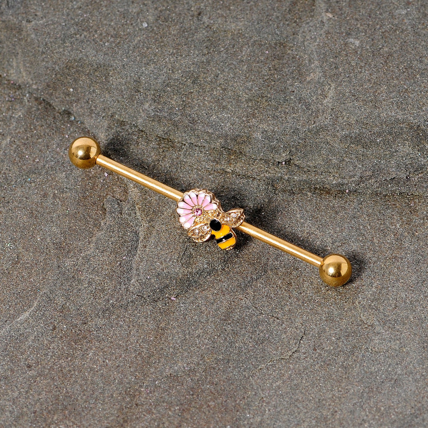 14 Gauge Pink Clear Gem Gold Tone Bee Blossom Industrial Barbell 38mm