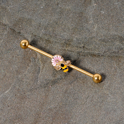 14 Gauge Pink Clear Gem Gold Tone Bee Blossom Industrial Barbell 38mm