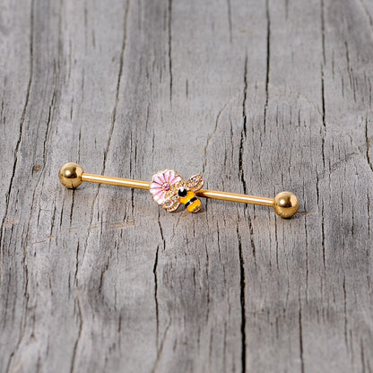 14 Gauge Pink Clear Gem Gold Tone Bee Blossom Industrial Barbell 38mm