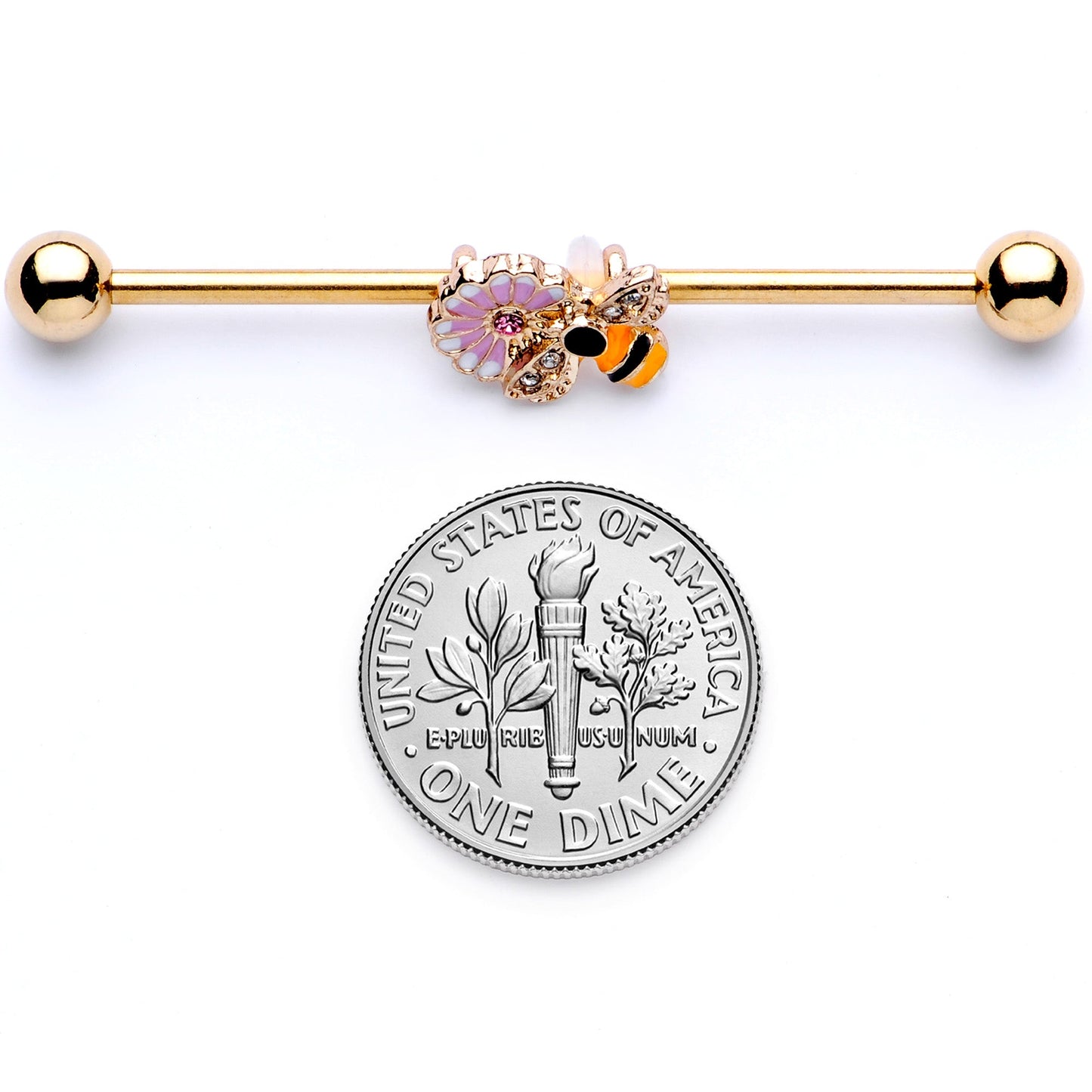 14 Gauge Pink Clear Gem Gold Tone Bee Blossom Industrial Barbell 38mm