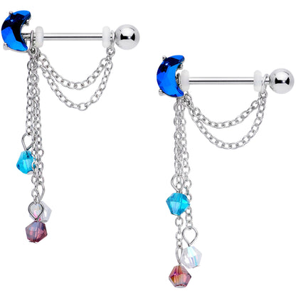 14 Gauge 9/16 Blue Purple Gem Moon Trio Dangle Nipple Ring Set