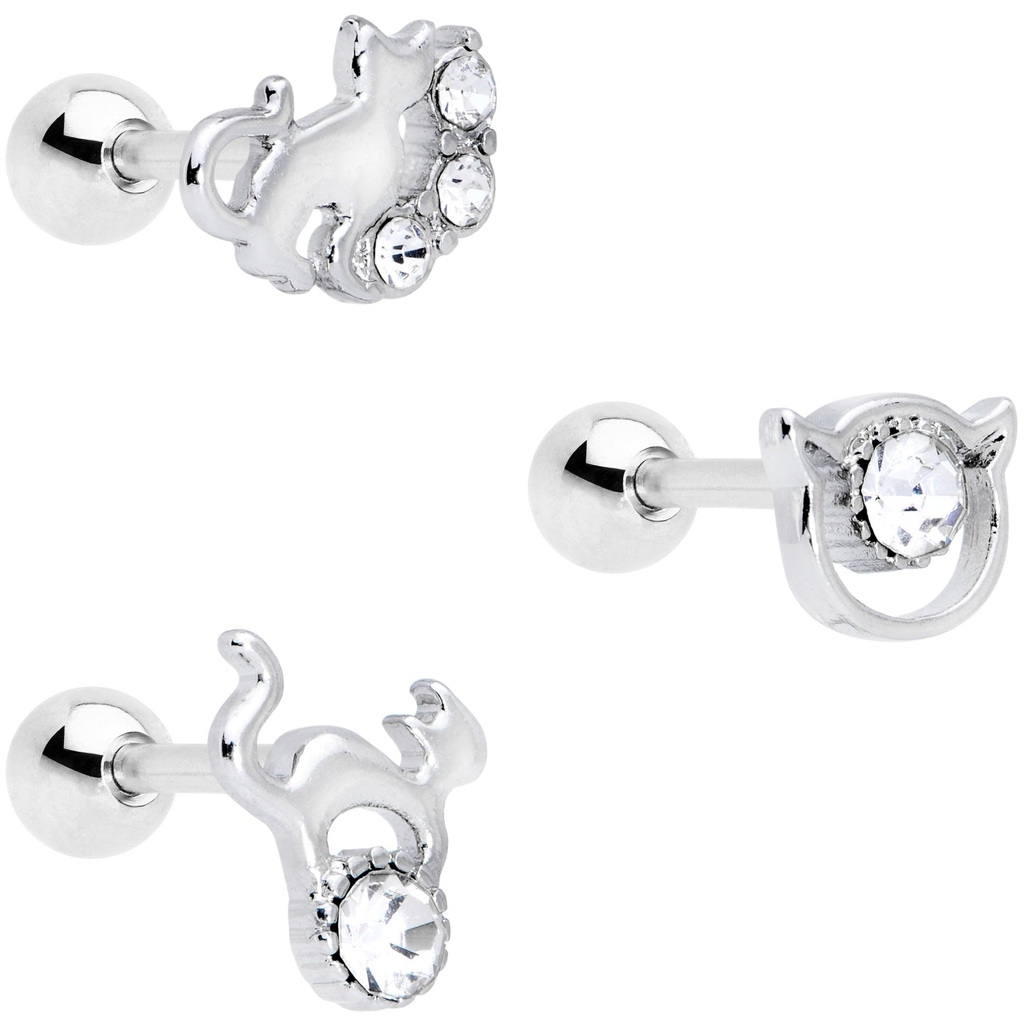 16 Gauge 1/4 Clear Gem Cat Theme Cartilage Tragus Earring Set of 3