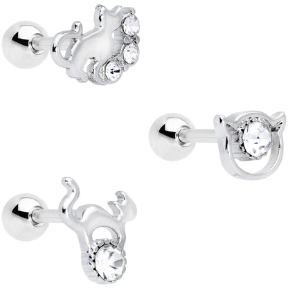 16 Gauge 1/4 Clear Gem Cat Theme Cartilage Tragus Earring Set of 3