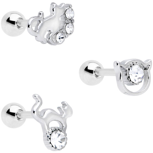 16 Gauge 1/4 Clear Gem Cat Theme Cartilage Tragus Earring Set of 3