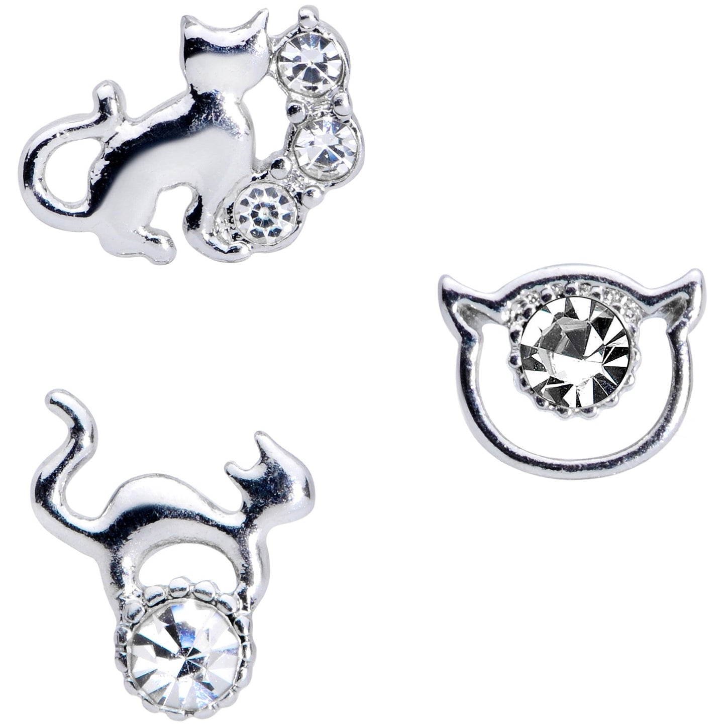 16 Gauge 1/4 Clear Gem Cat Theme Cartilage Tragus Earring Set of 3