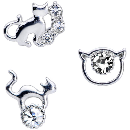 16 Gauge 1/4 Clear Gem Cat Theme Cartilage Tragus Earring Set of 3