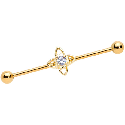 14 Gauge Clear CZ Gem Gold Tone Open Flower Industrial Barbell 38mm