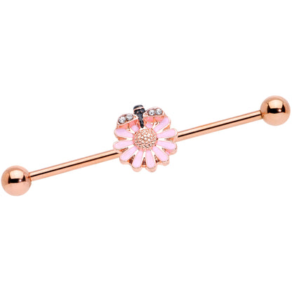 14 Gauge Clear Gem Rose Gold Tone Flower Bee Industrial Barbell 38mm