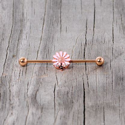 14 Gauge Clear Gem Rose Gold Tone Flower Bee Industrial Barbell 38mm