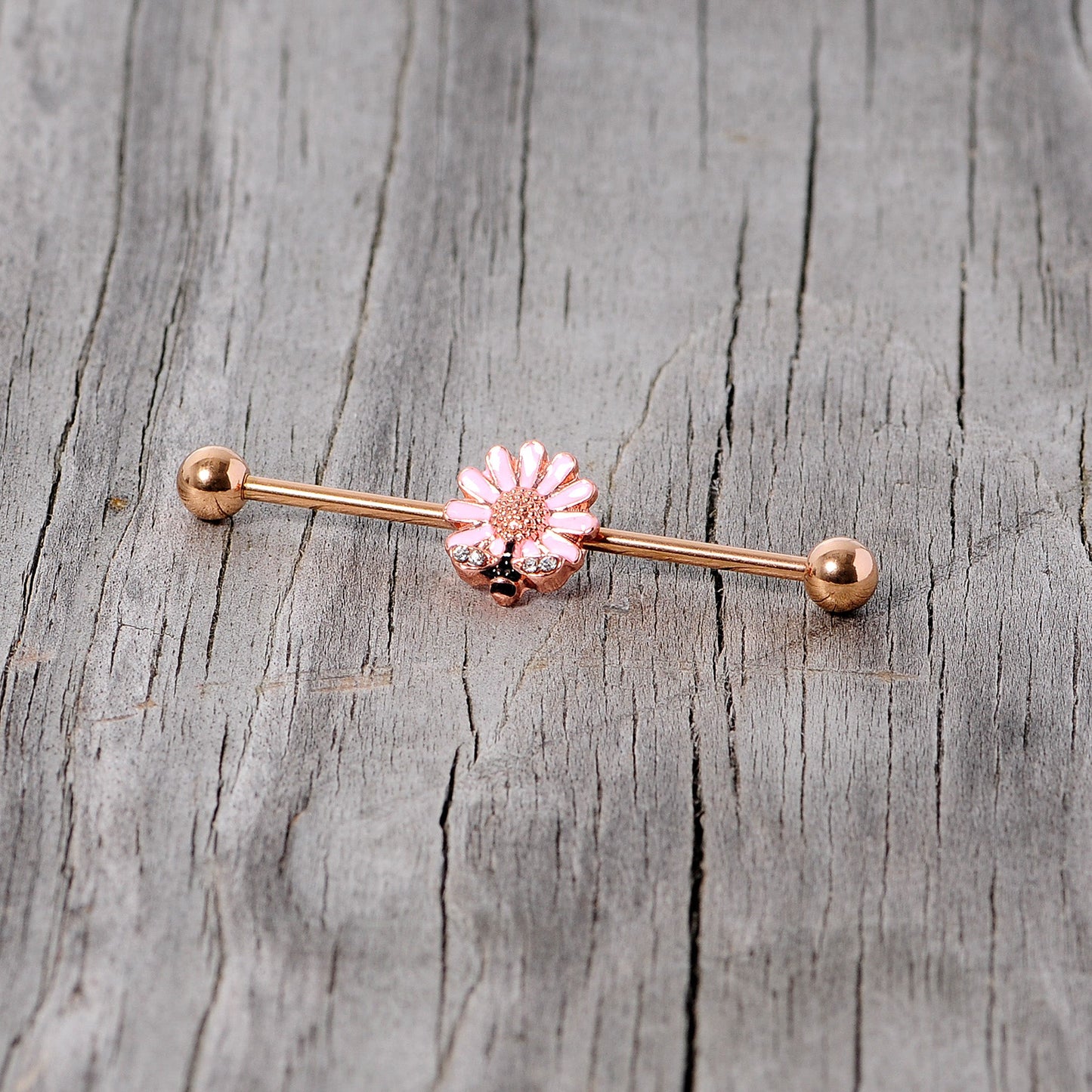 14 Gauge Clear Gem Rose Gold Tone Flower Bee Industrial Barbell 38mm