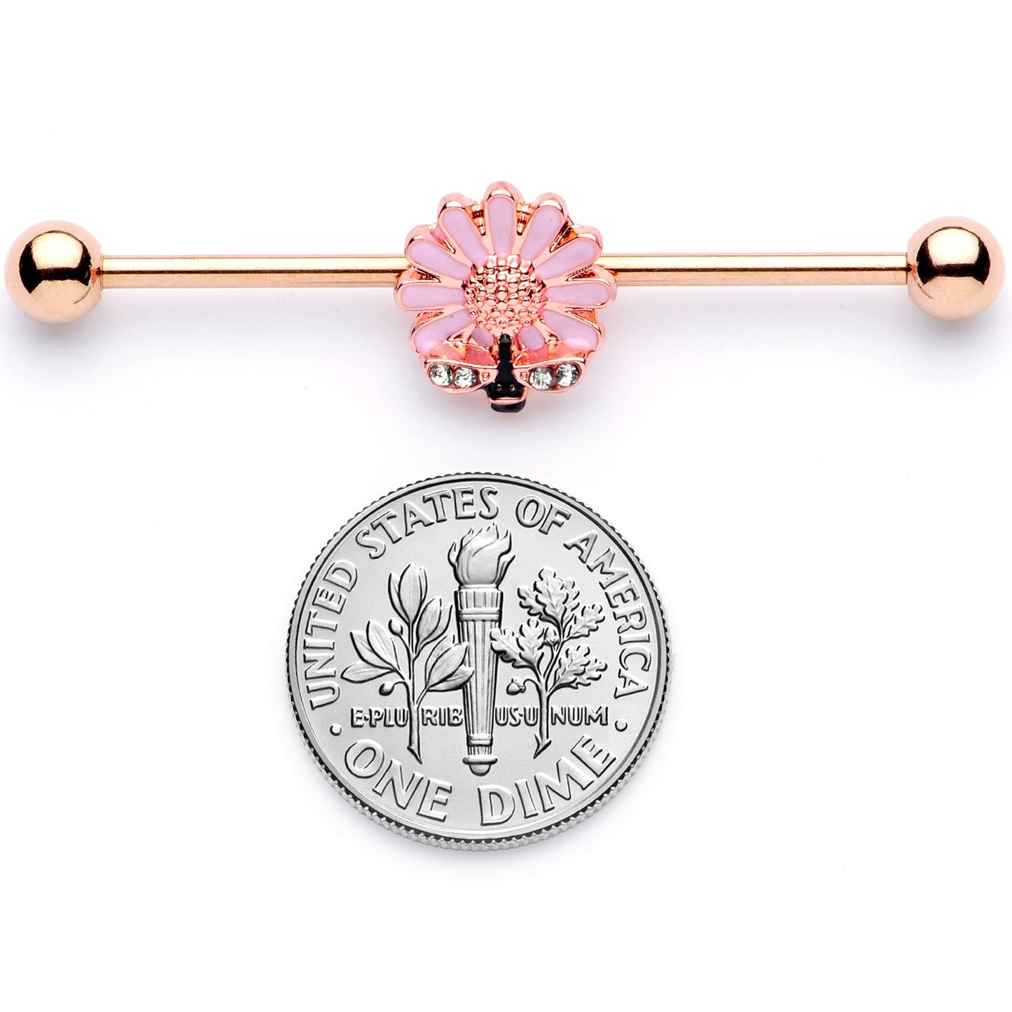 14 Gauge Clear Gem Rose Gold Tone Flower Bee Industrial Barbell 38mm