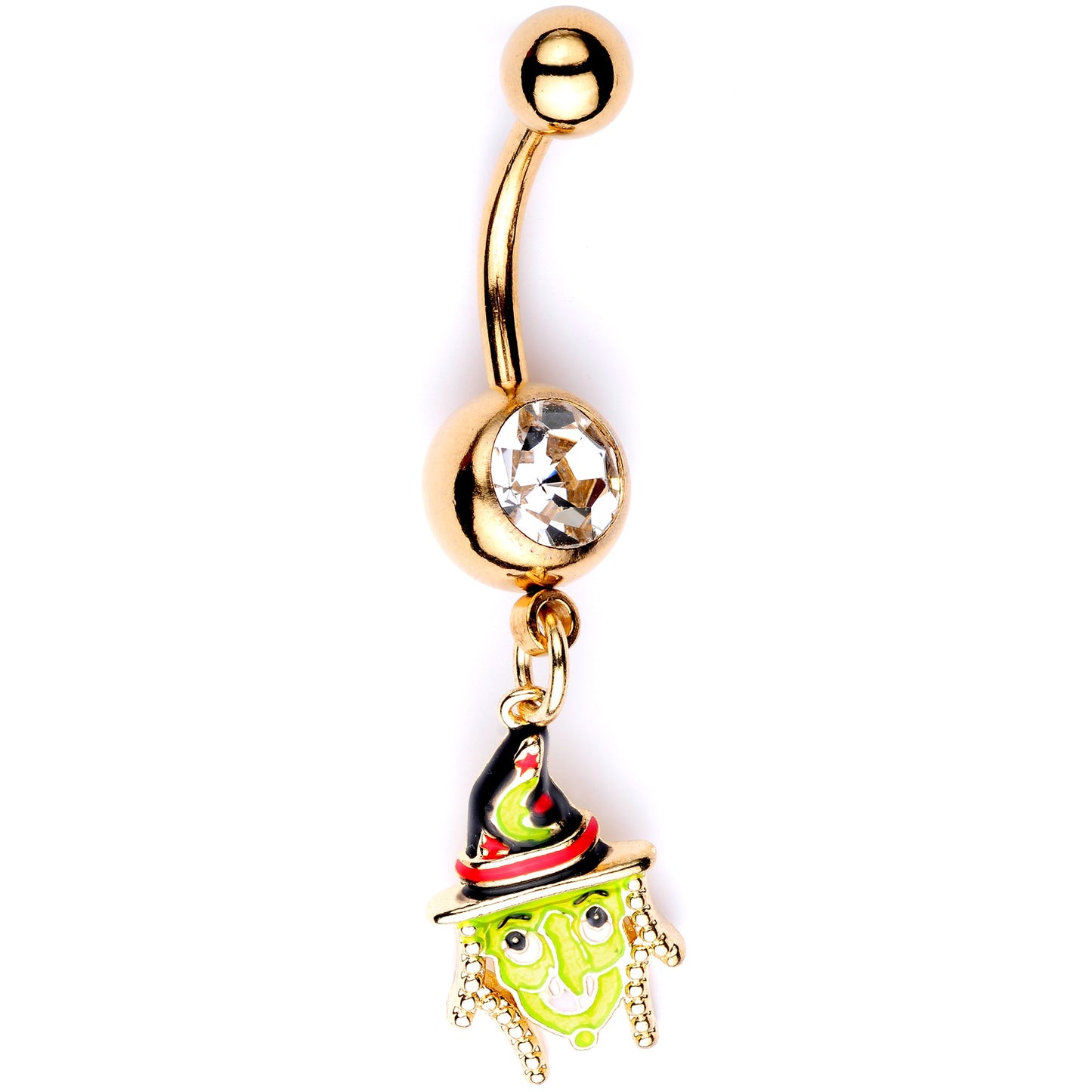 Clear Gem Gold Tone Green Witch Halloween Dangle Belly Ring
