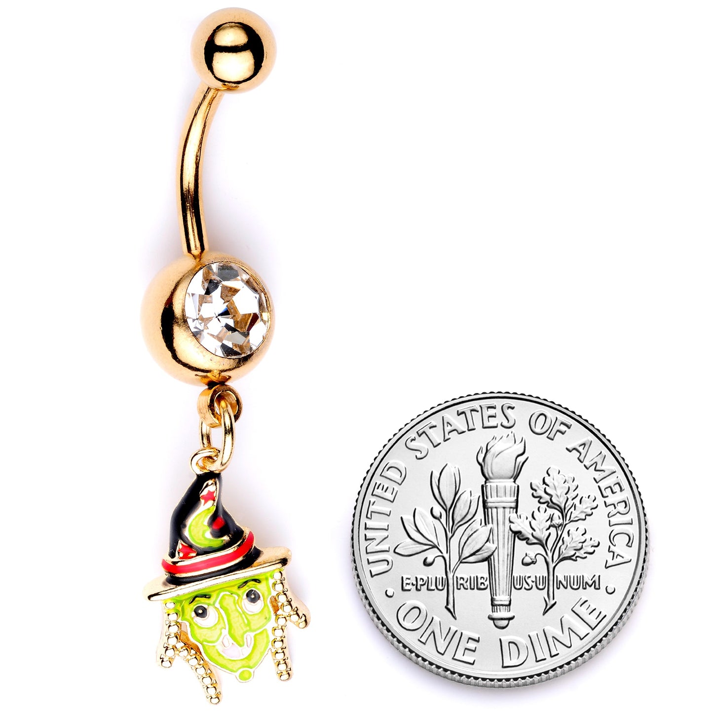 Clear Gem Gold Tone Green Witch Halloween Dangle Belly Ring
