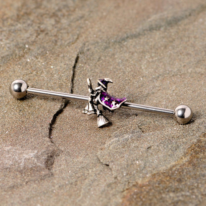 14 Gauge Purple Witch Broom Halloween Industrial Barbell 38mm