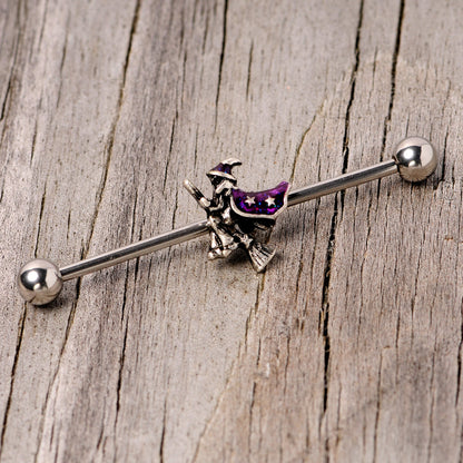 14 Gauge Purple Witch Broom Halloween Industrial Barbell 38mm