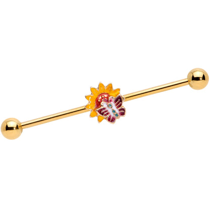 14 Gauge Gold Tone Red Yellow Butterfly Flower Industrial Barbell 38mm