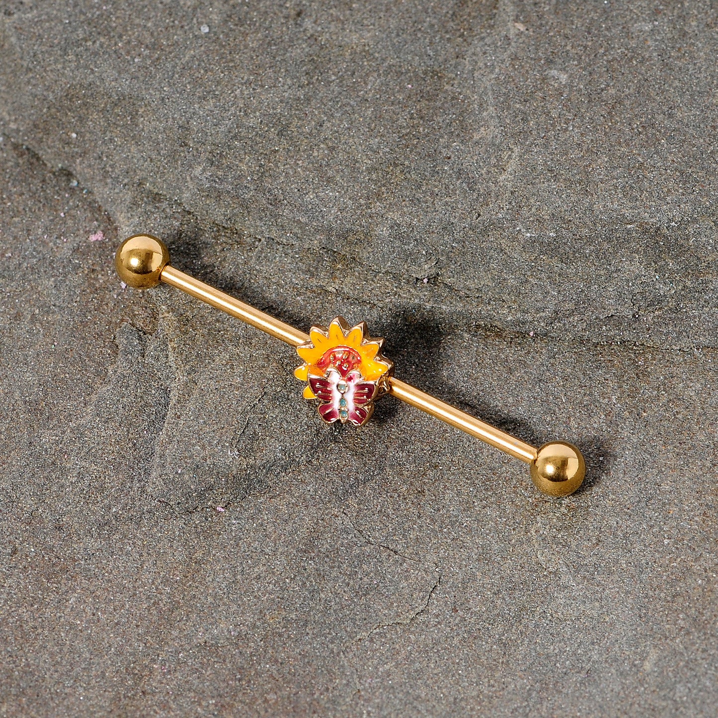 14 Gauge Gold Tone Red Yellow Butterfly Flower Industrial Barbell 38mm