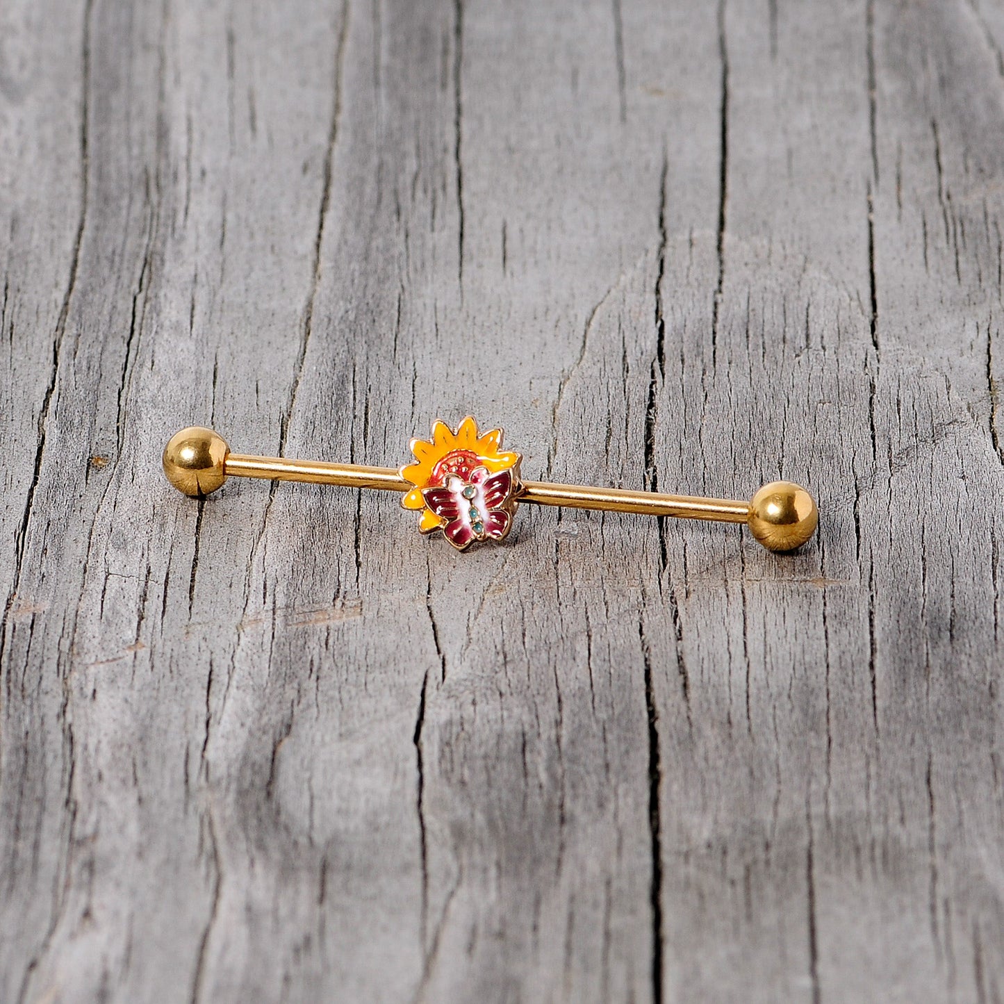 14 Gauge Gold Tone Red Yellow Butterfly Flower Industrial Barbell 38mm