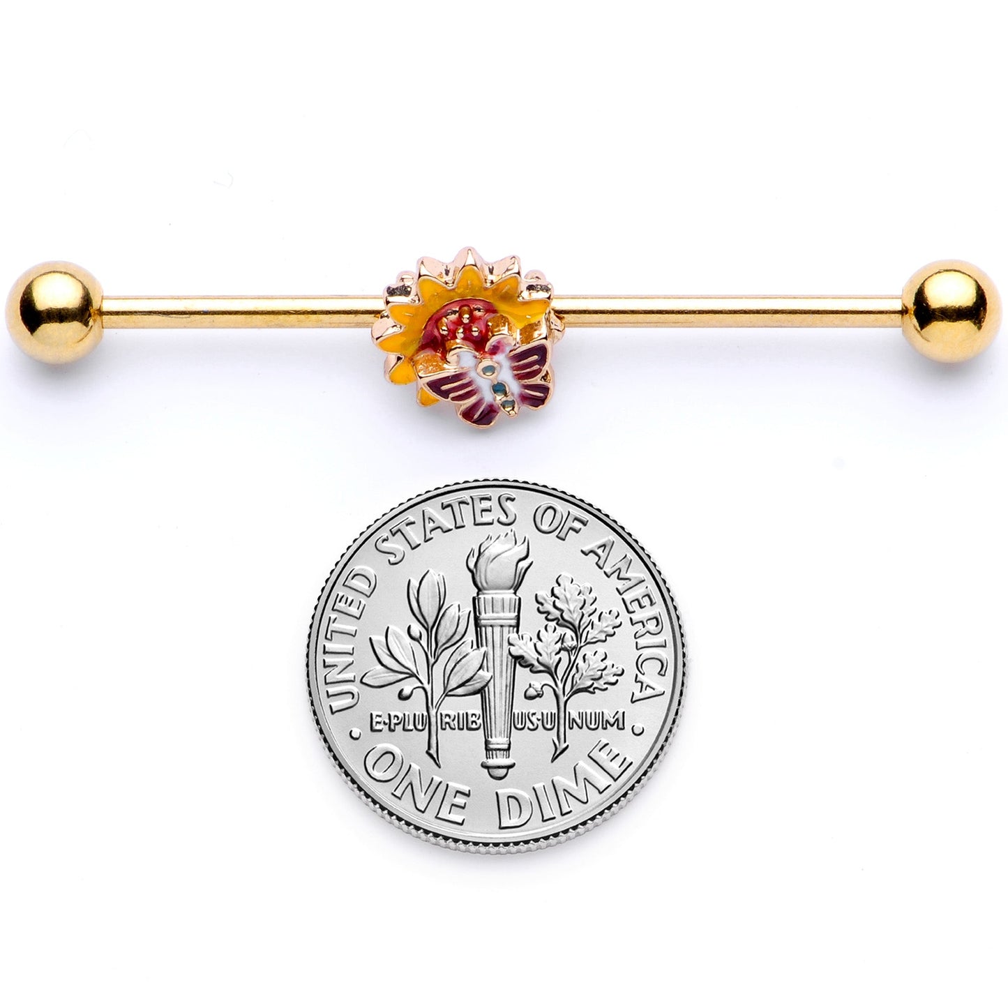 14 Gauge Gold Tone Red Yellow Butterfly Flower Industrial Barbell 38mm