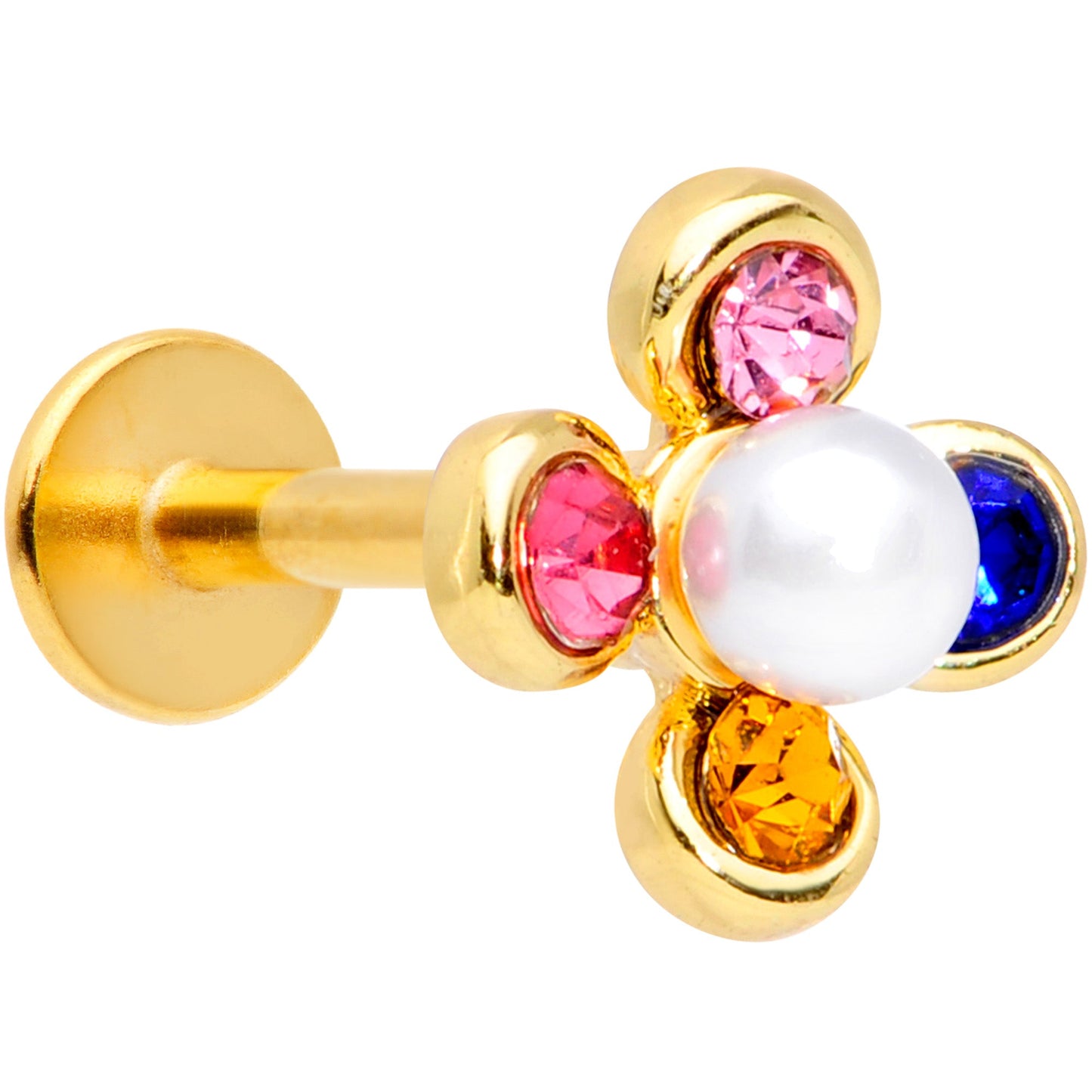 16 Gauge 5/16 Pink Blue Gem Gold Tone Flower Labret Monroe Tragus