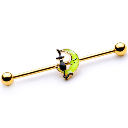 14 Gauge Gold Tone Black Cat Moon Halloween Industrial Barbell 38mm