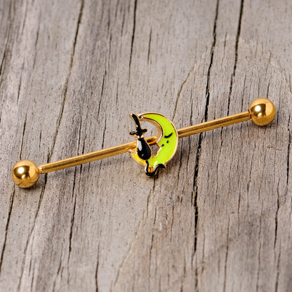 14 Gauge Gold Tone Black Cat Moon Halloween Industrial Barbell 38mm